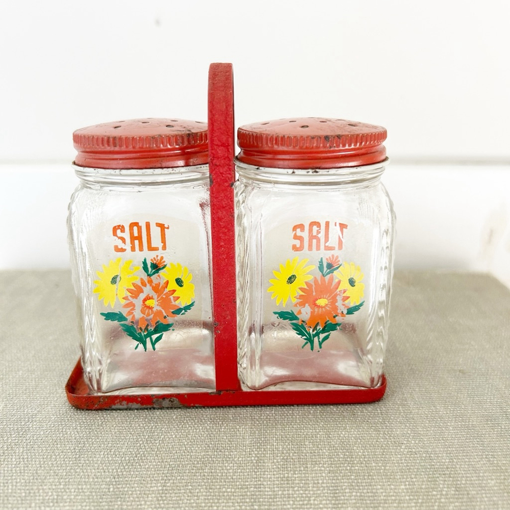 Vintage Floral Salt Shakers Set W/ Holder 60’s Retro Cottage-Core Mid-Century